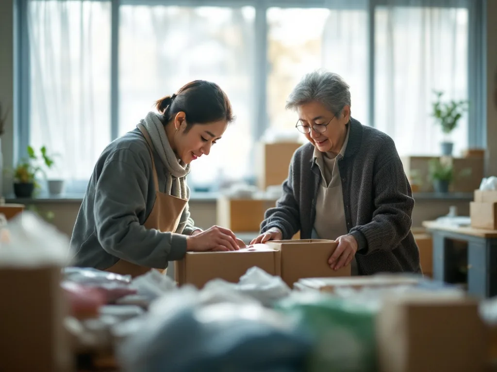 senior korean volunteers arranging supplies at a warm community welfare center, soft window light, editorial documentary photography, shallow depth of field, no faces close up