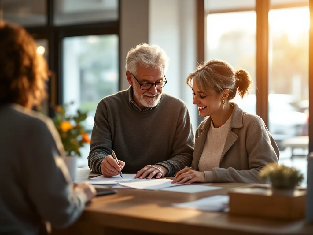 senior parent and adult child at a public service counter submitting documents, warm indoor light, no readable text, documentary style
