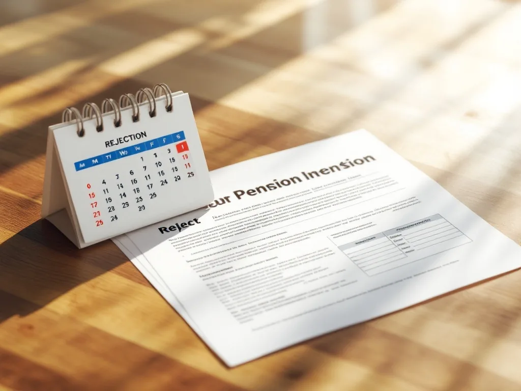 senior pension application papers, rejection notice and calendar on a clean wooden table, warm daylight, no logos