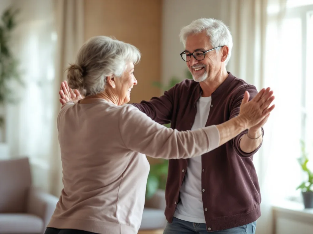senior woman doing supervised gentle indoor exercise with trainer in community center, safe posture, bright realistic editorial photo
