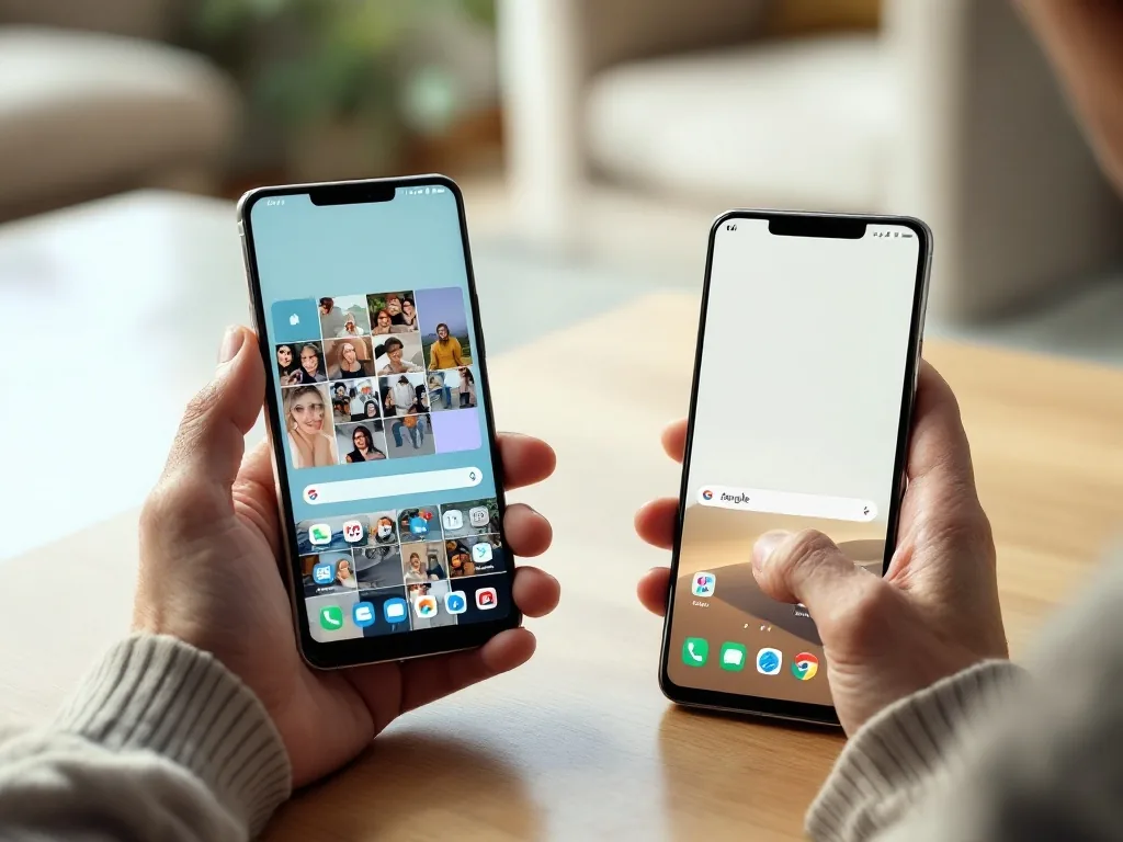 side-by-side generic smartphone home screens with small crowded tiles and large simple tiles, older adult hand choosing the simpler layout, bright home table, soft daylight, editorial photography, no face, no logo, no readable text