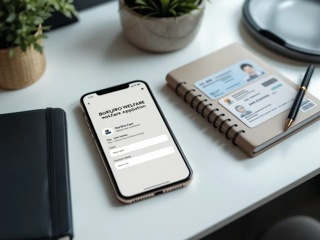 smartphone showing Bokjiro welfare application page beside ID card and bankbook on a clean desk, realistic Korean family support photo | 복지로 온라인 신청과 신분증·통장 준비 장면