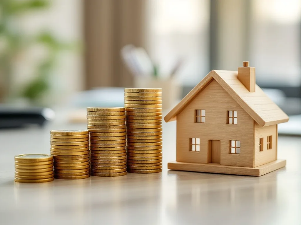 stacks of Korean coins arranged in increasing heights next to a small wooden house model on a clean desk, soft daylight, editorial finance photography, shallow depth of field