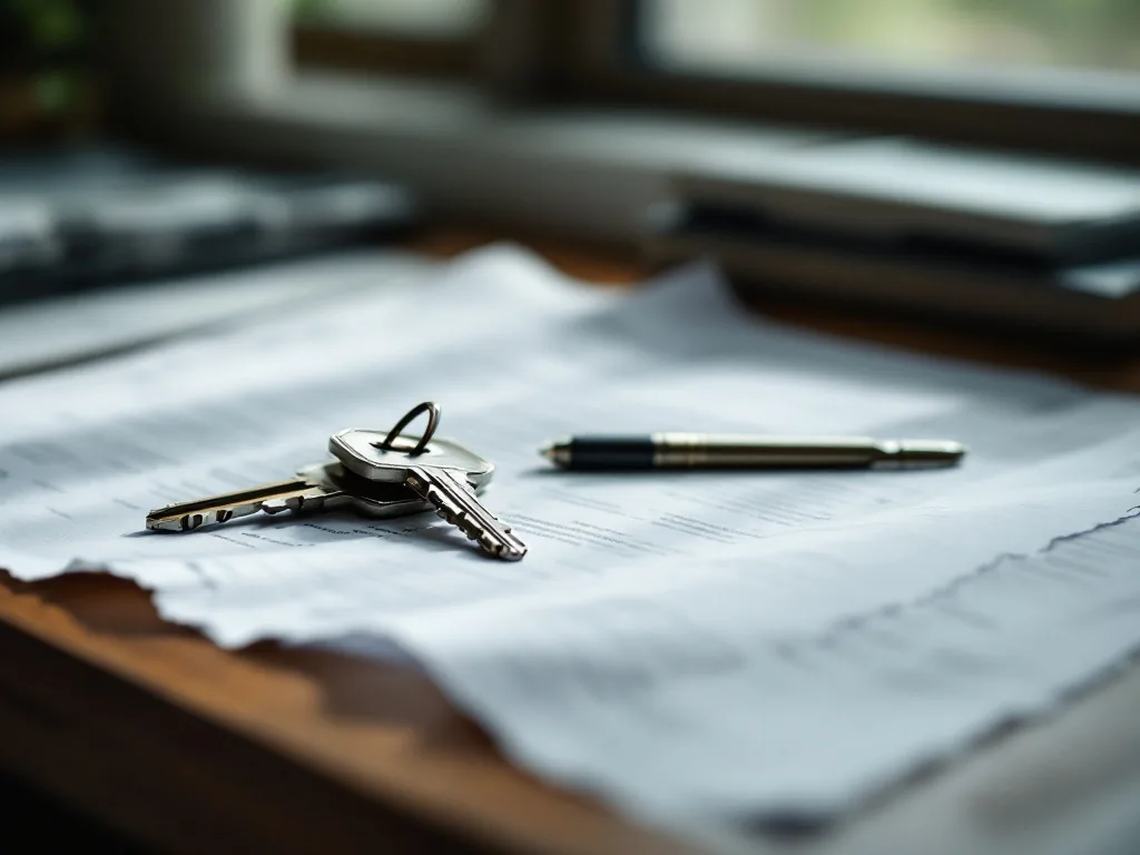 two separate house keys and a torn paper document on a wooden table, soft window light, quiet reflective mood, editorial documentary photography, shallow depth of field