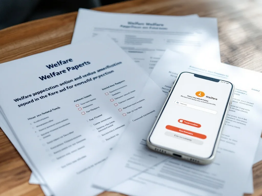 welfare application papers and a smartphone authentication screen on a Korean family table, senior support documents, realistic photo, no private data