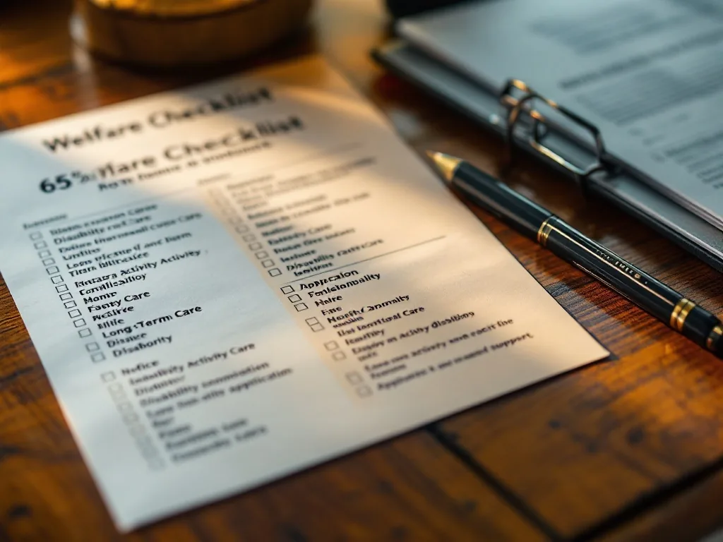 welfare checklist showing 65th birthday, long-term care notice, and disability activity support application papers on table, Korean realistic photo