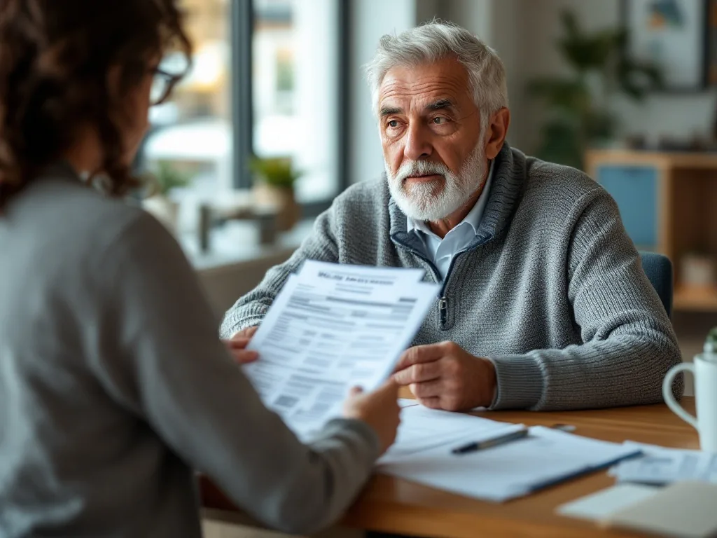 welfare officer reviewing vehicle registration, bank statement, and ID documents with a senior applicant, realistic community center desk photo | 자동차·예금·소득 자료를 상담하는 장면