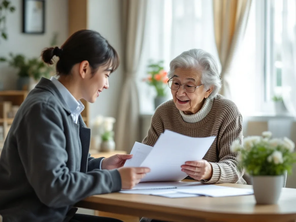 adult child calling local dementia care center with senior parent documents and calendar, realistic Korean welfare consultation scene | 가족이 관할 치매안심센터에 조호물품 신청 가능 여부를 전화로 확인하는 장면