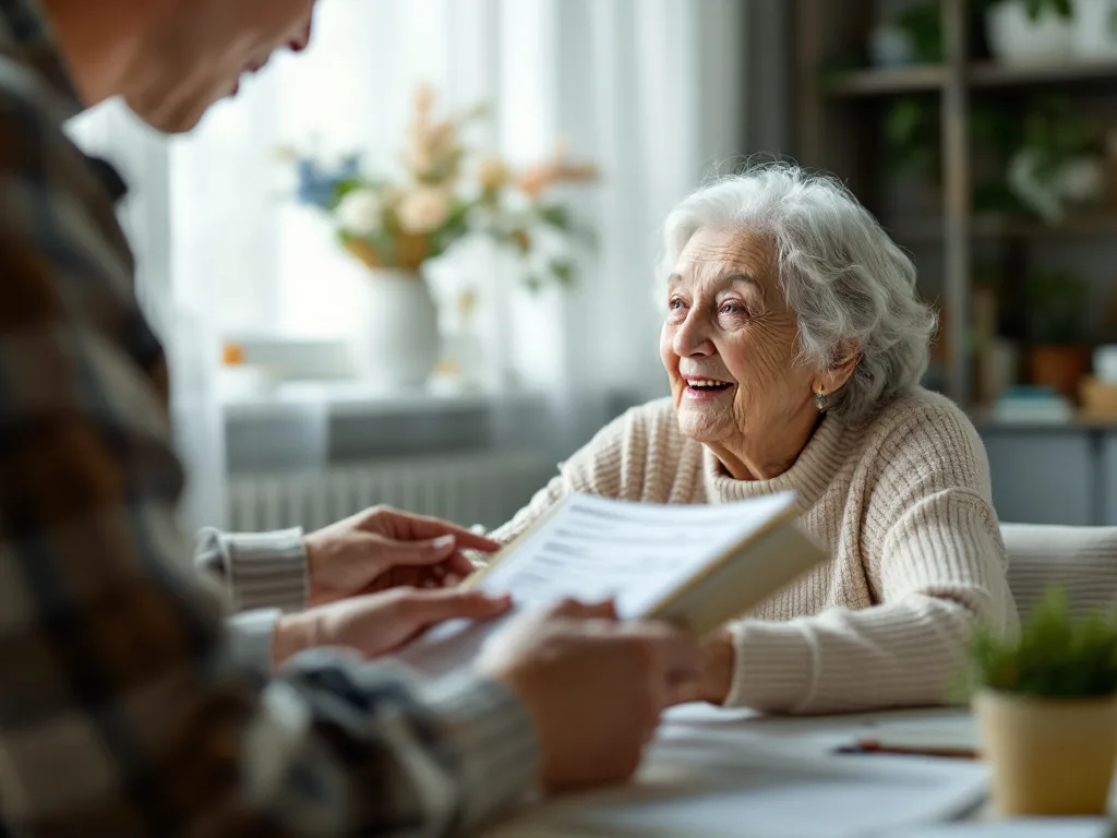 adult child calling National Health Insurance Service while organizing elderly parent ID card and long-term care application form