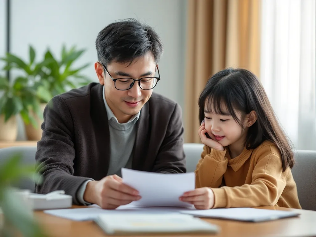 adult child calling National Health Insurance Service while comparing retirement date bill and family dependent memo | 국민건강보험공단 상담 전 퇴직일과 가족 피부양자 정보를 정리하는 장면