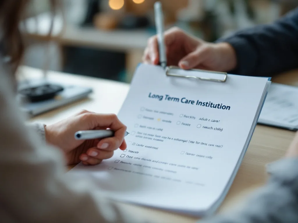 adult child checking long term care institution search page with phone and handwritten questions, realistic Korean welfare office photo | 장기요양기관 검색 뒤 전화로 가능일을 확인하는 장면