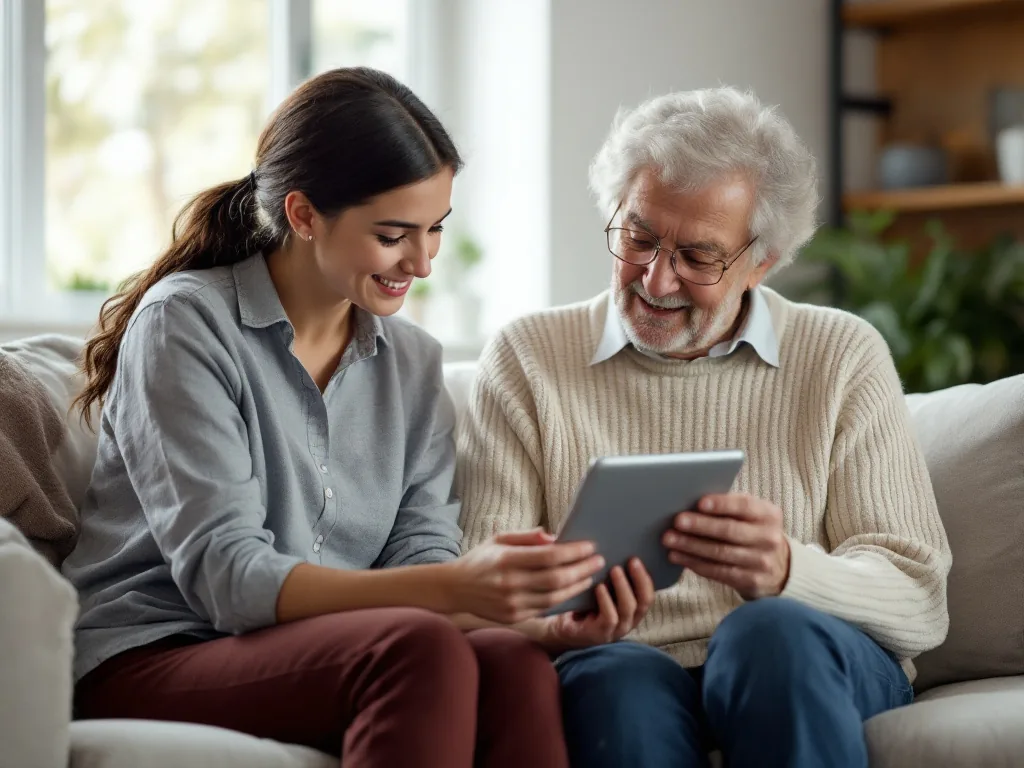 adult child helping senior parent choose assistive device options on welfare application website