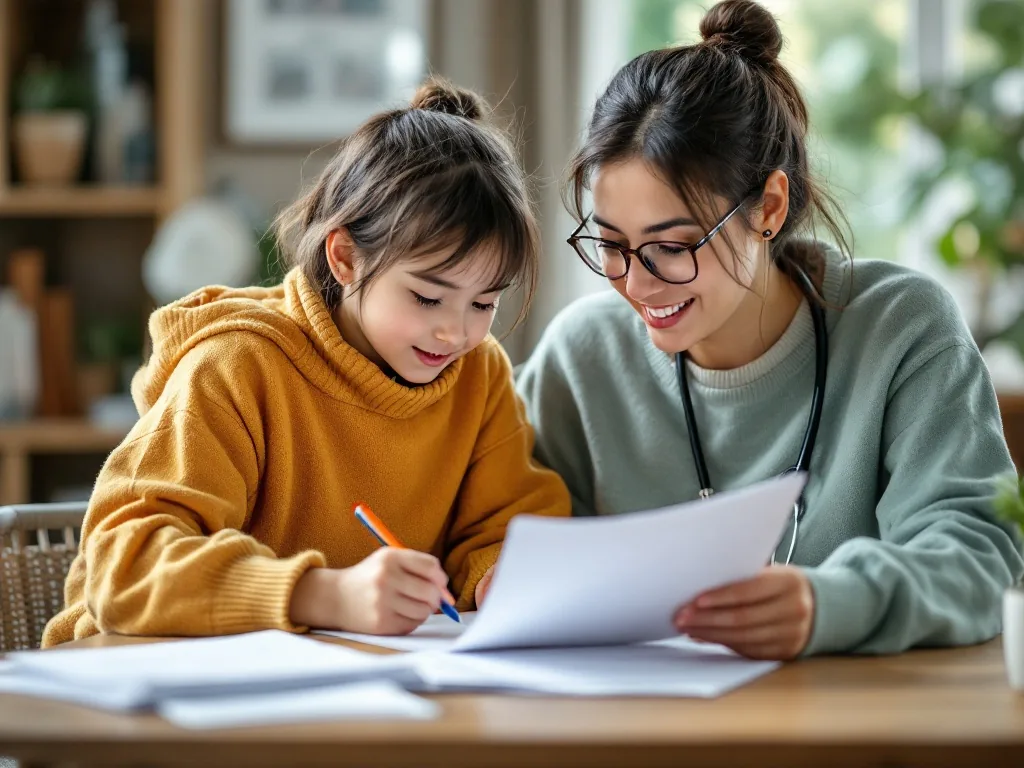 adult child organizing parent health records, discharge note, medication list and local welfare center phone number | 퇴원 후 건강기록과 보건소 상담 메모를 정리하는 장면