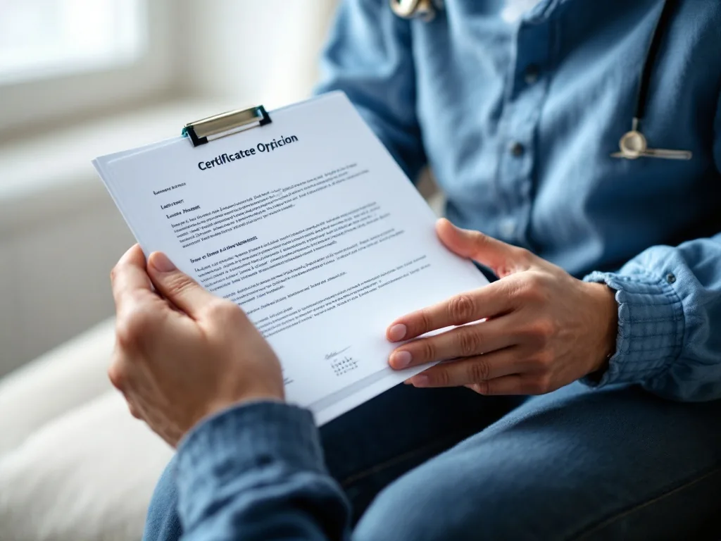 adult child organizing recent certificate documents, hospital opinion letter and calendar before knee surgery appointment