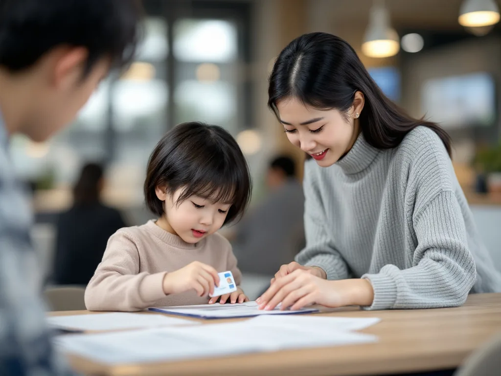 adult child preparing ID card, family relationship document and authorization form before visiting NHIS office, Korean desk, realistic editorial photo | 공단 방문 전 준비서류 확인 | 가족 대리 발급 때 신분증과 관계서류를 챙기는 장면