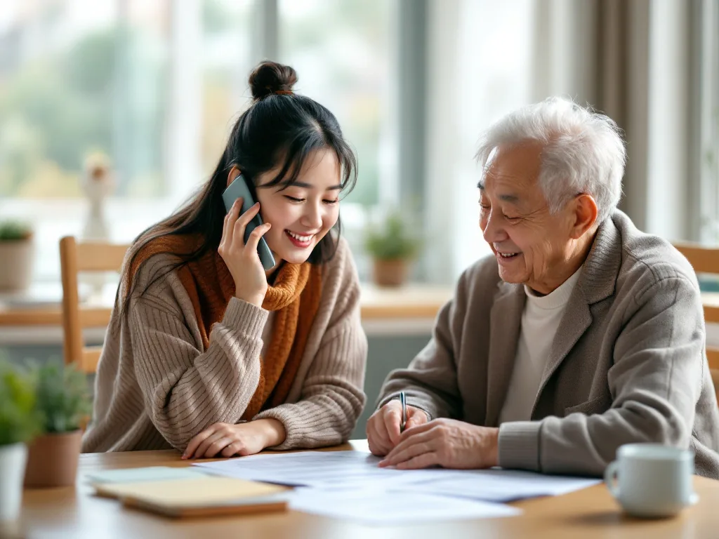 adult child speaking by phone with community welfare center while reviewing senior parent documents, Korean home table, realistic editorial photo