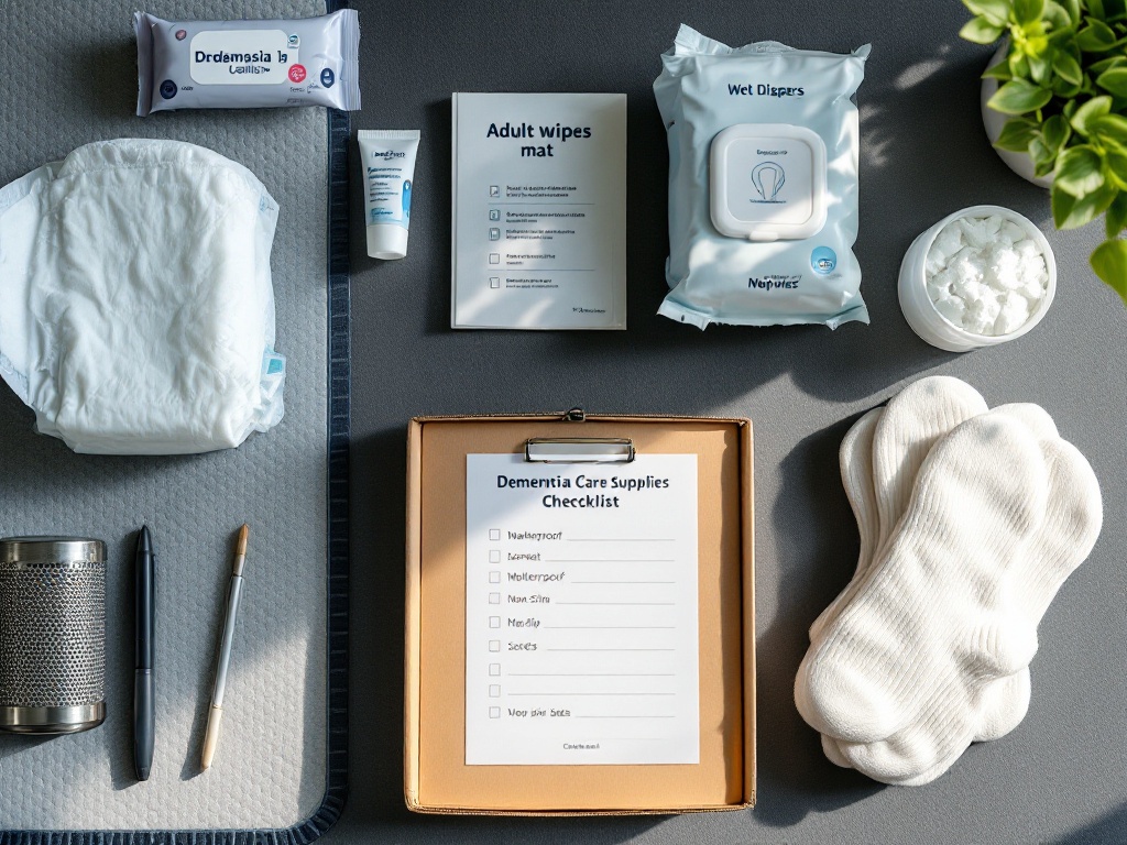 dementia care supplies including adult diapers wet wipes waterproof mat and non slip socks arranged neatly with checklist, realistic Korean home care photo | 치매 조호물품 품목을 가족이 확인하는 장면
