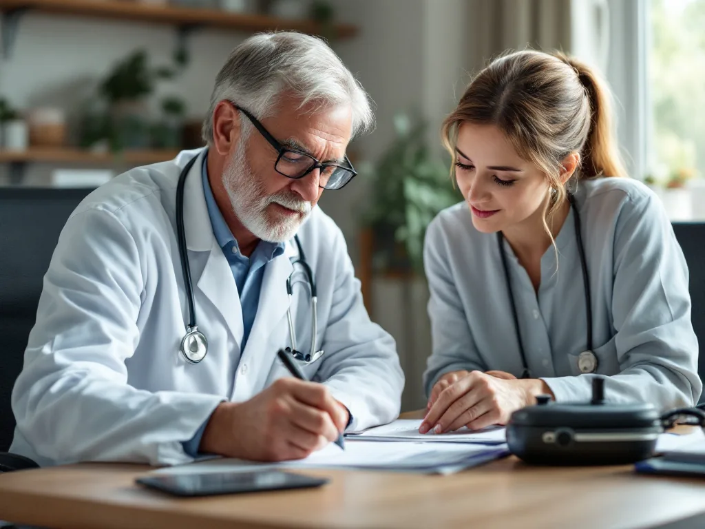 doctor writing assistive device prescription while caregiver checks documents