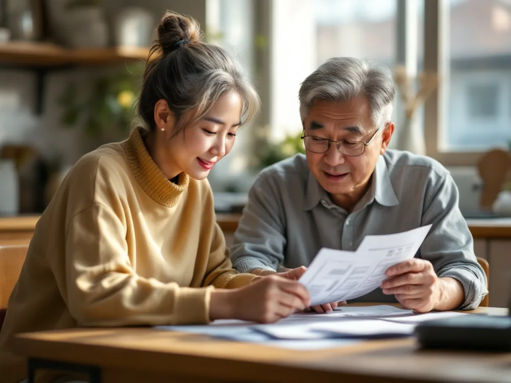 elderly Korean parent and adult child sorting electricity gas and phone bills on a kitchen table, warm daylight, realistic photo