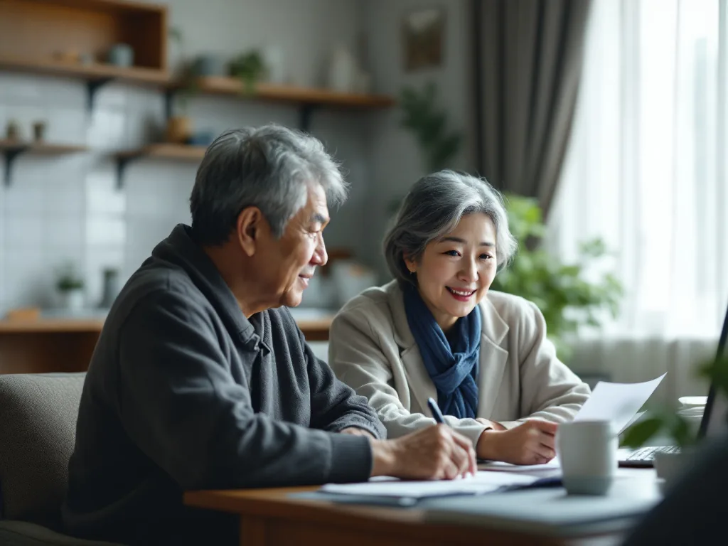 elderly parent and adult child calling hospital reception with veteran ID card and hospital list on desk, realistic Korean home scene | 병원 전화 확인 | 진료과 운영일과 보훈 접수 가능 시간을 문의하는 장면