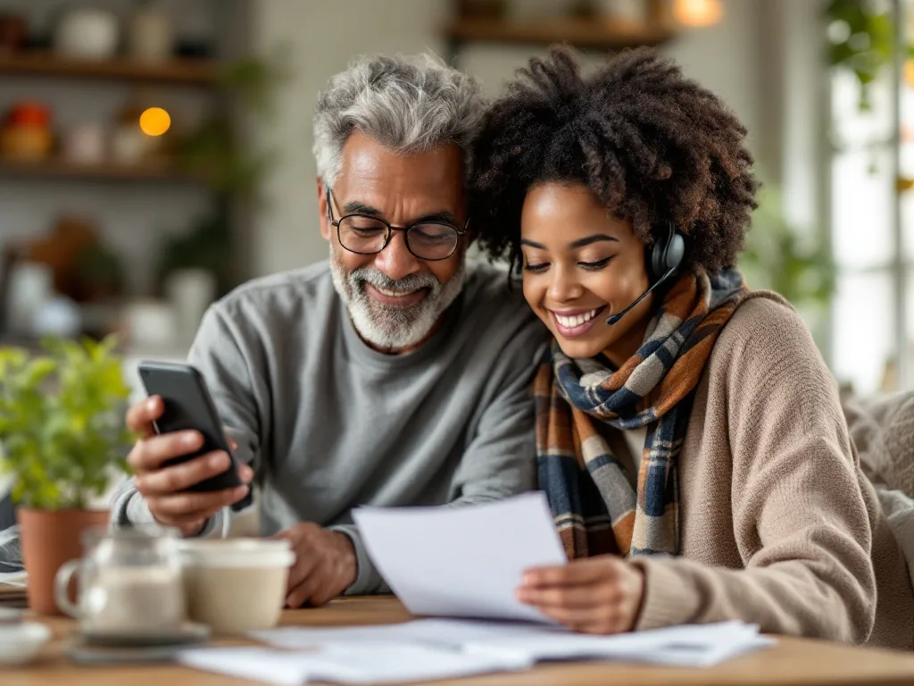 elderly parent checking next month utility bill with adult child and smartphone customer service number, realistic warm home photo