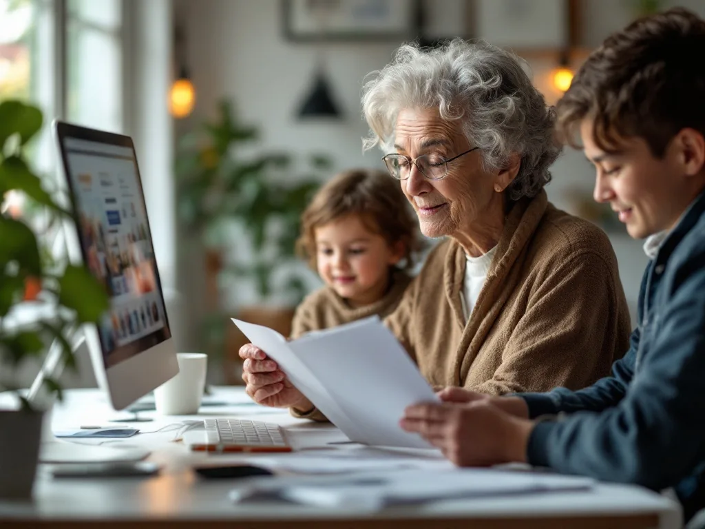 elderly parent choosing computer class brochure with adult child at home desk