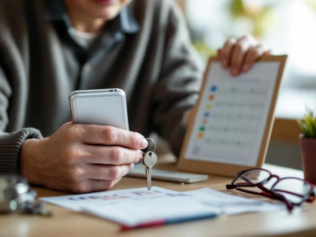 family checklist for senior emergency safety service with phone, calendar, apartment keys and reading glasses, warm Korean home scene