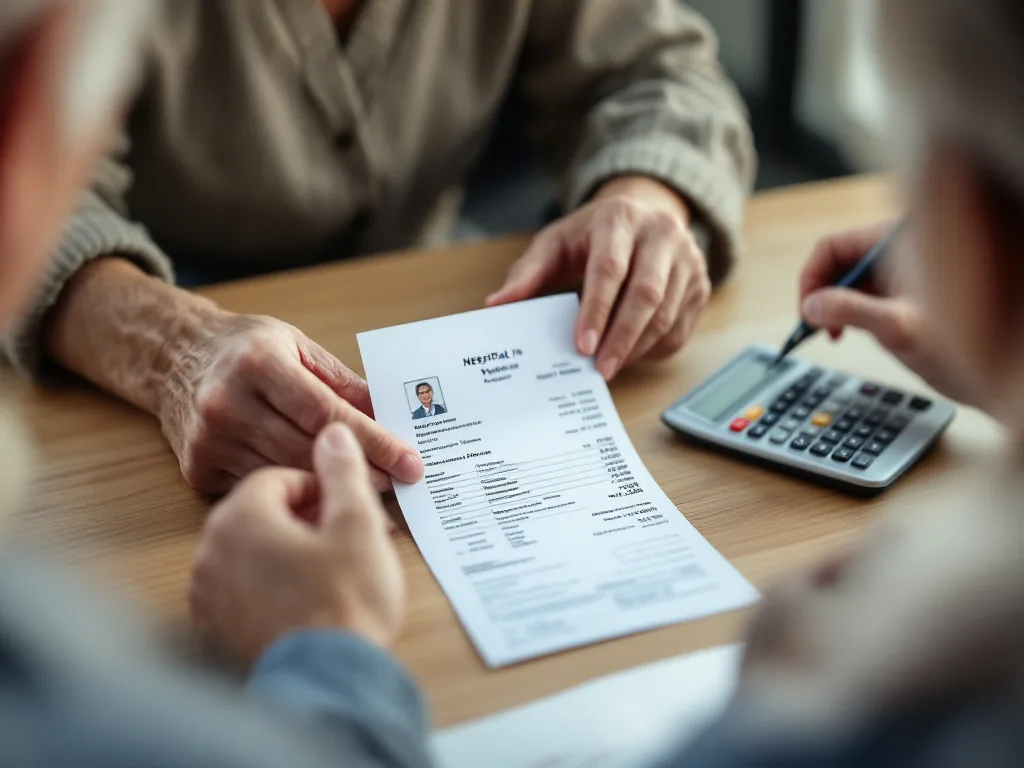 hospital receipt, veteran ID card, calculator and medicine bag on table, adult child reviewing costs with elderly parent, realistic editorial photo | 진료비 본인부담 확인 | 급여·비급여와 감면 적용 항목을 나눠 확인하는 장면