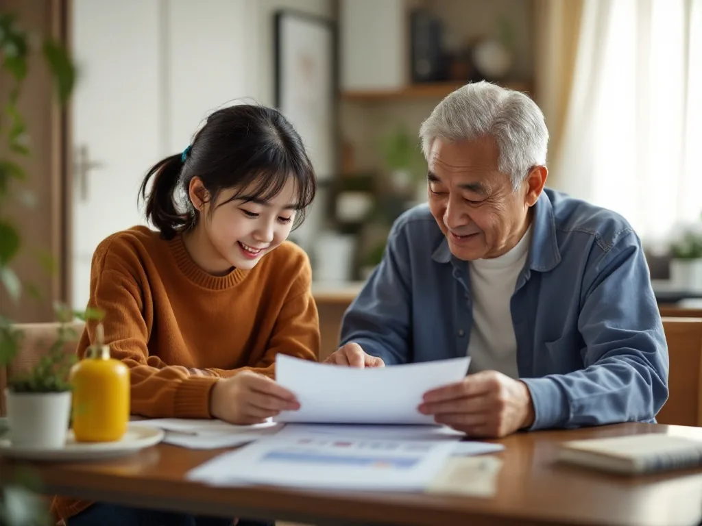 Korean adult child reviewing rental contract with elderly parents at table in modest apartment