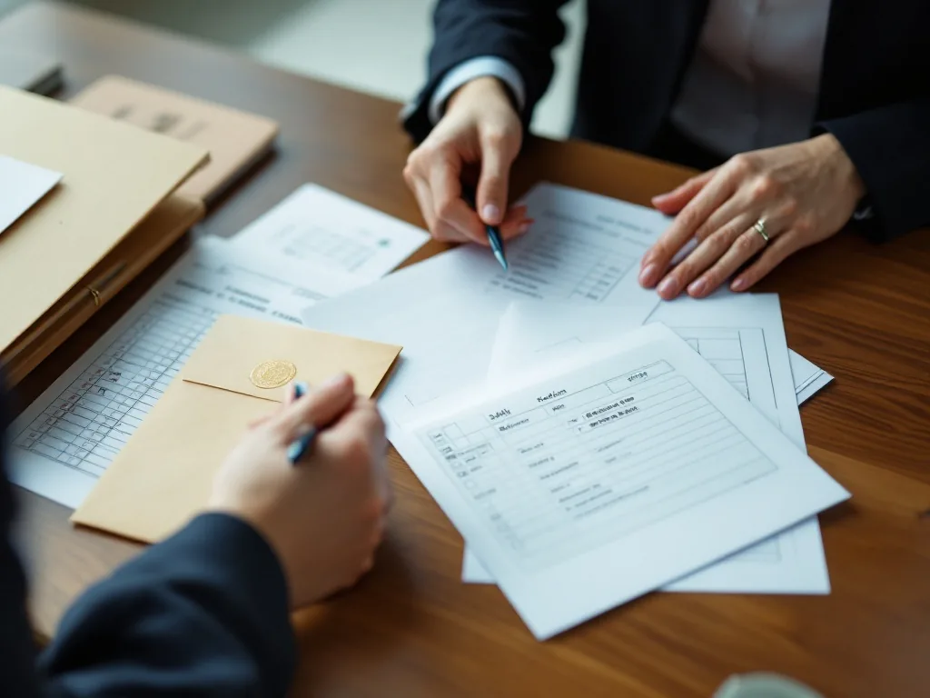 Korean courthouse document preparation scene with checklist, seal certificate envelope and family registry papers, no readable personal data | 가정법원 접수 전 필요서류를 점검하는 장면