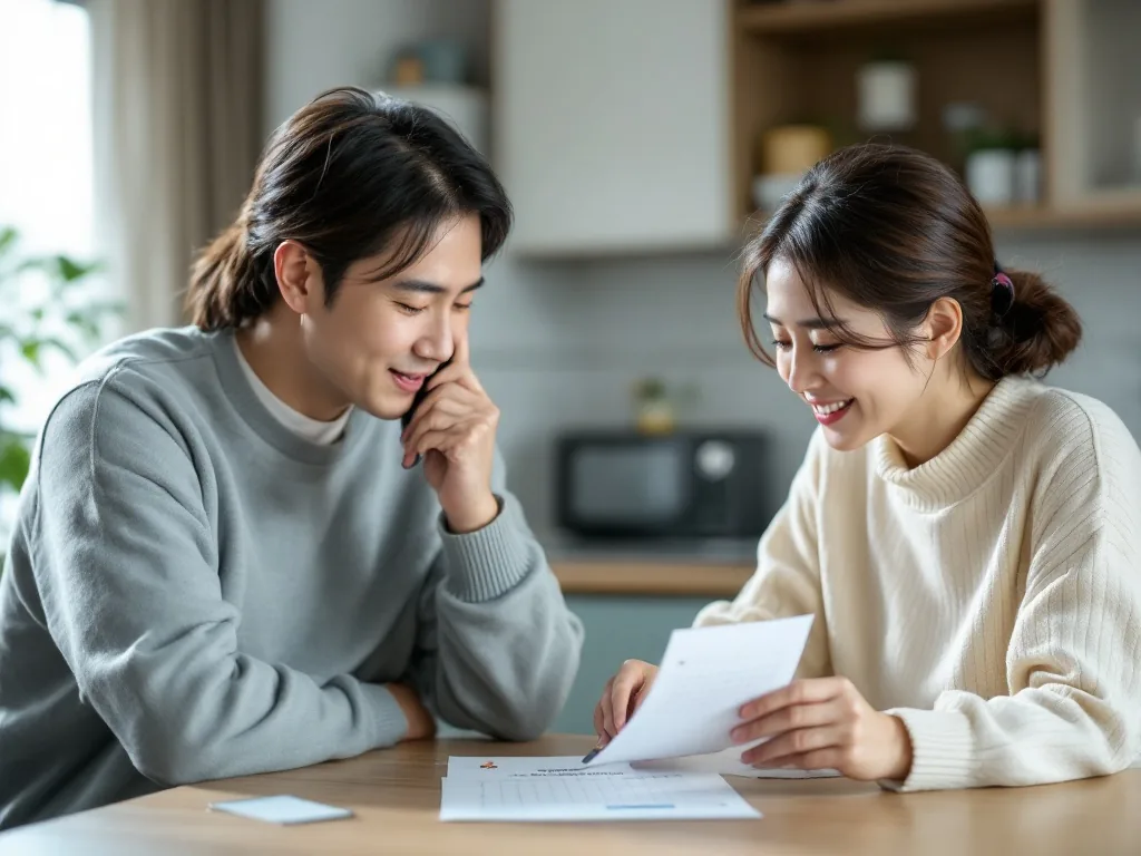 Korean family calling local dementia care center with calendar ID card and memo on kitchen table, realistic public health guidance photo | 가족이 치매안심센터 방문 시간과 준비물을 전화로 확인하는 장면