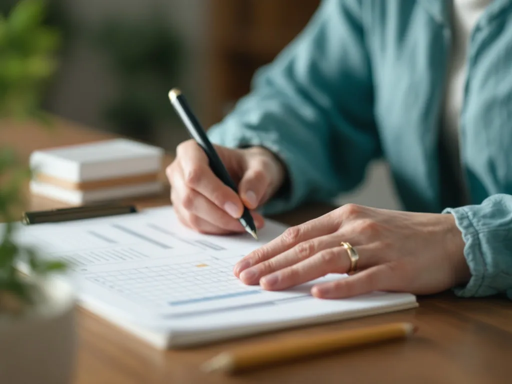 Korean family caregiver calling long term care center with service calendar and elder care notebook on table | 가족이 장기요양 가족휴가제 이용일과 기관 상담 내용을 정리하는 장면