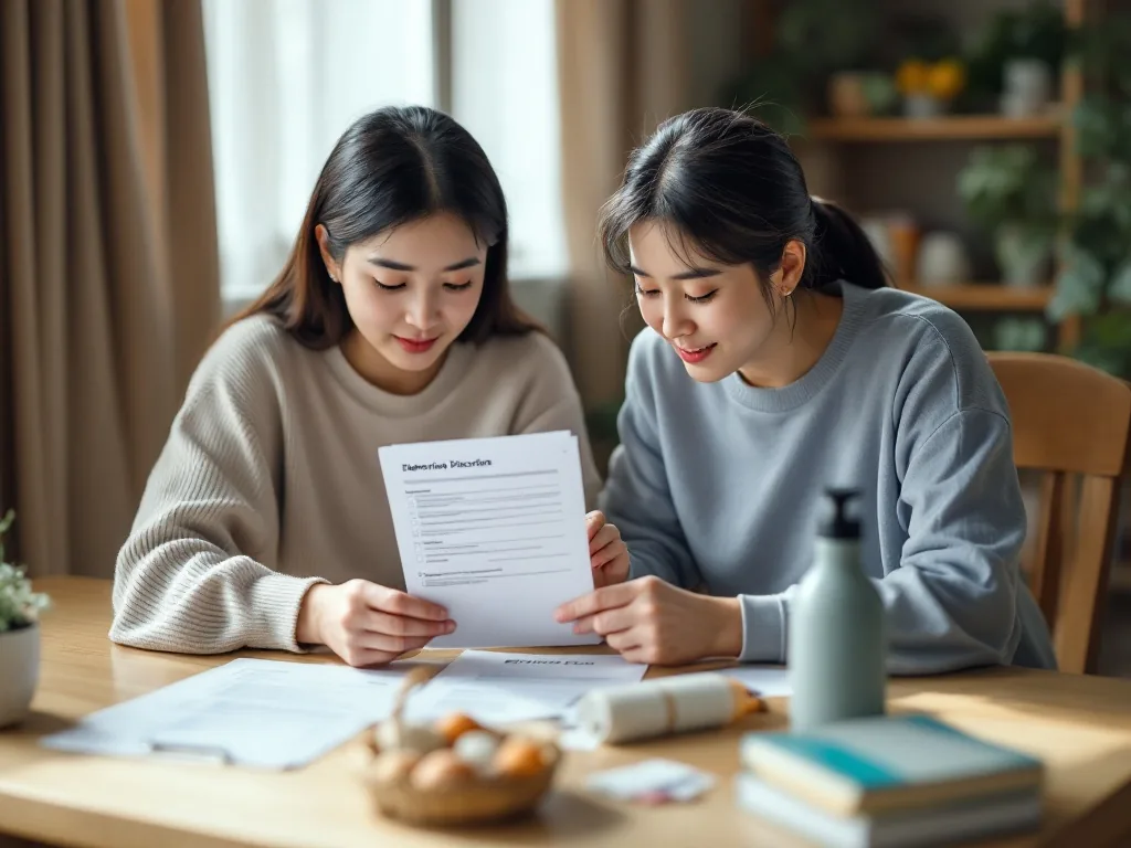 Korean family caregiver preparing dementia diagnosis document, ID cards and care supplies checklist at home table | 가족이 치매안심센터 조호물품 신청 전 서류와 체크리스트를 정리하는 장면