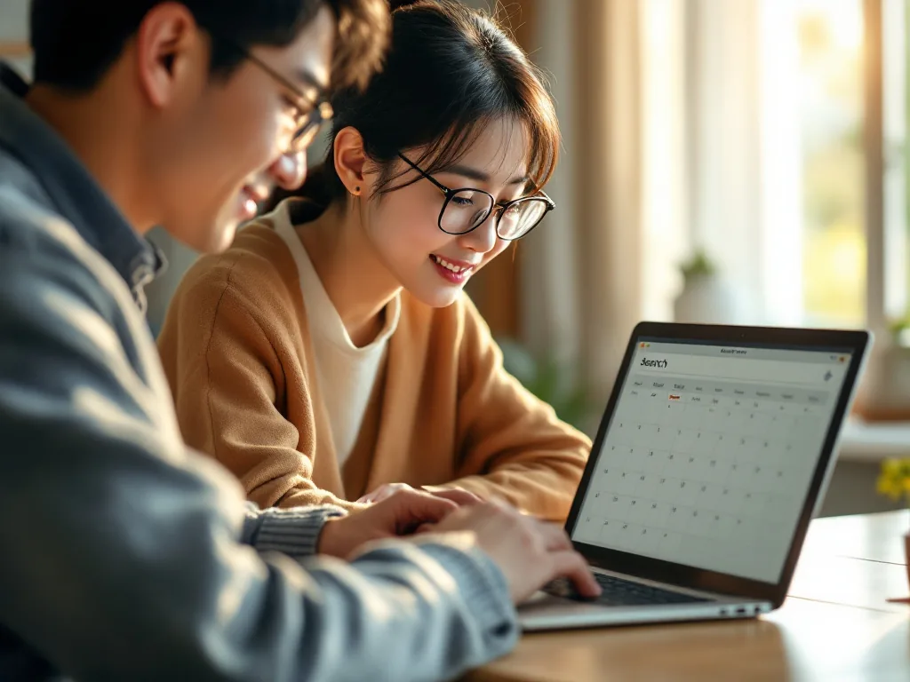 Korean family checking veteran consigned hospital search on laptop with appointment calendar and glasses, warm daylight, realistic editorial photo | 위탁병원 검색 | 지역과 진료과목으로 가까운 보훈 위탁병원을 찾는 장면