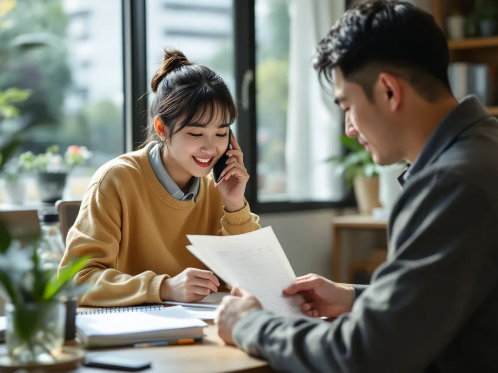 Korean family member calling local community center while checking parent welfare documents and calendar | 읍면동 행정복지센터 방문 전 서류와 상담 시간을 확인하는 장면 | 부모님이 직접 가기 어렵다면 대리 신청 서류부터 물어봐야 합니다