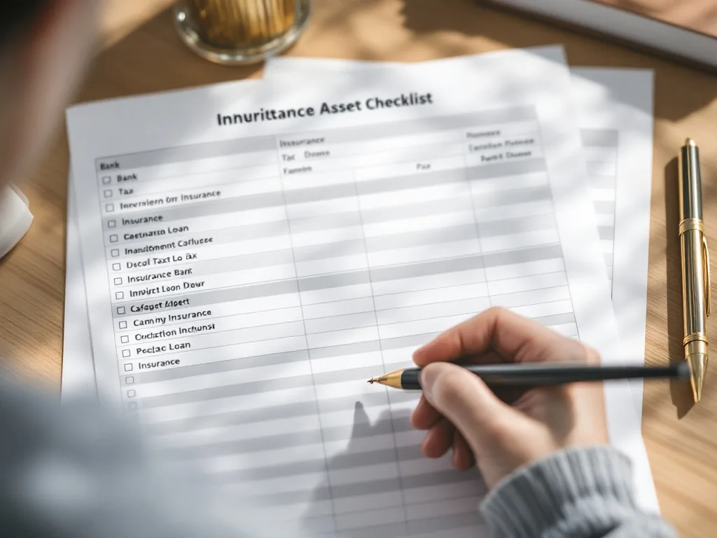 Korean family member writing inheritance asset checklist with bank, loan, tax and insurance columns | 상속재산과 채무 항목을 표로 나눠 적는 장면