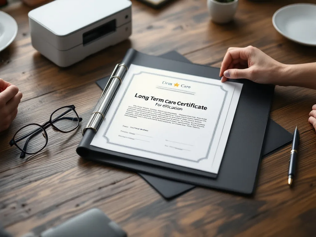 Korean family table with long term care certificate folder, reading glasses, laptop and printer, realistic editorial photo | 장기요양 서류 3종 확인 | 인정서·이용계획서·복지용구급여확인서를 한 번에 확인하는 장면