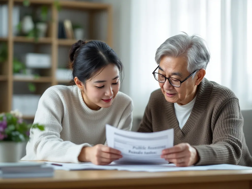 Korean housing welfare counseling office with elderly parent and adult child reviewing public rental notice