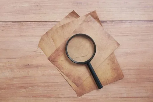 Korean pension notice, bankbook, magnifying glass and handwritten family member checklist on a wooden table, realistic editorial photo