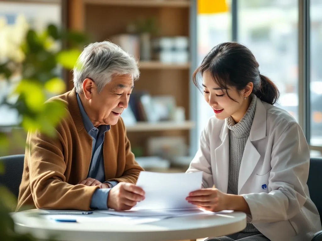 Korean public health center consultation desk, senior parent and adult child reviewing medical support documents, warm daylight