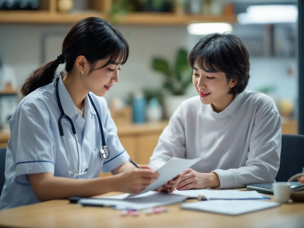 Korean public health nurse and adult child reviewing senior blood pressure notebook and medication list at a health center desk | 보건소에서 혈압수첩과 복약 목록을 확인하는 상담 장면