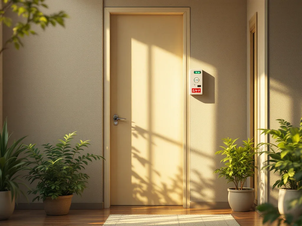 Korean senior apartment entrance with small emergency safety sensor device, warm daylight, no visible faces, realistic editorial photography