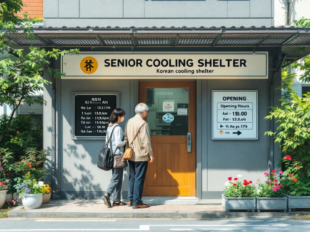 Korean senior cooling shelter entrance in summer, elderly parent and adult child checking shade and opening hours, realistic editorial photo | 무더위쉼터 입구 확인 | 집 근처 쉼터는 위치뿐 아니라 운영시간을 같이 확인해야 한다