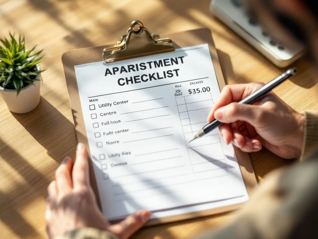 Korean senior moving day checklist with apartment keys, utility bill, phone call to support center, warm daylight