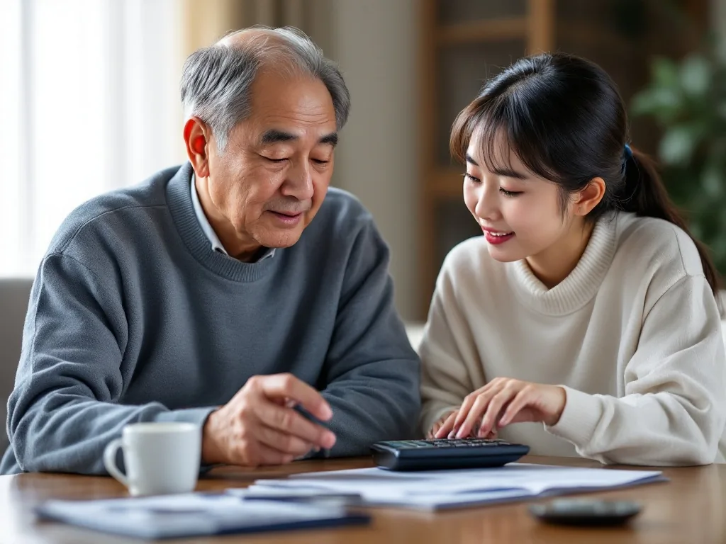 Korean senior parent and adult child reviewing national pension bill with calculator at home table, realistic editorial photo, warm daylight, no readable text
