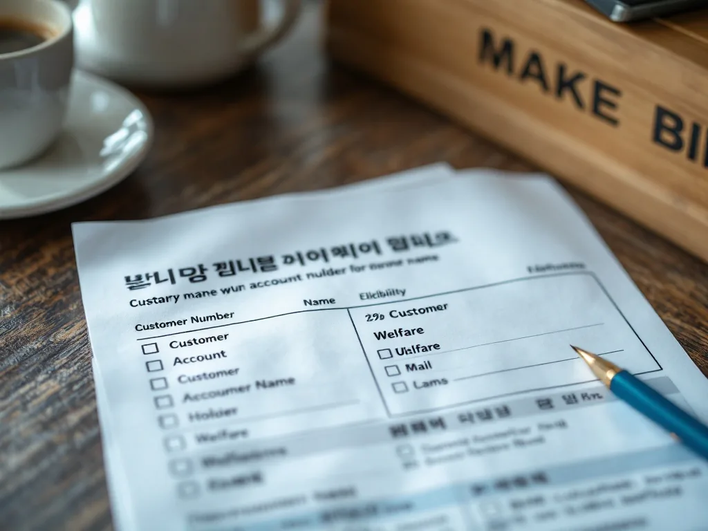 Korean utility bill checklist with customer number account holder name and welfare eligibility highlighted, realistic tabletop photo