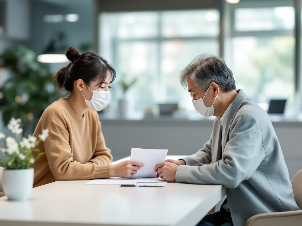local public health dementia care center consultation desk with elderly parent and adult child reviewing screening form, realistic Korean clinic photo | 부모님과 가족이 치매안심센터 상담 창구에서 검사 절차를 확인하는 장면