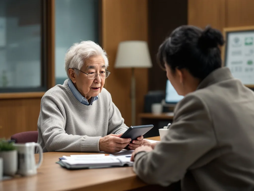 National Pension Service branch consultation counter with senior-friendly documents and calculator, realistic Korean public office scene, no logos, no readable text