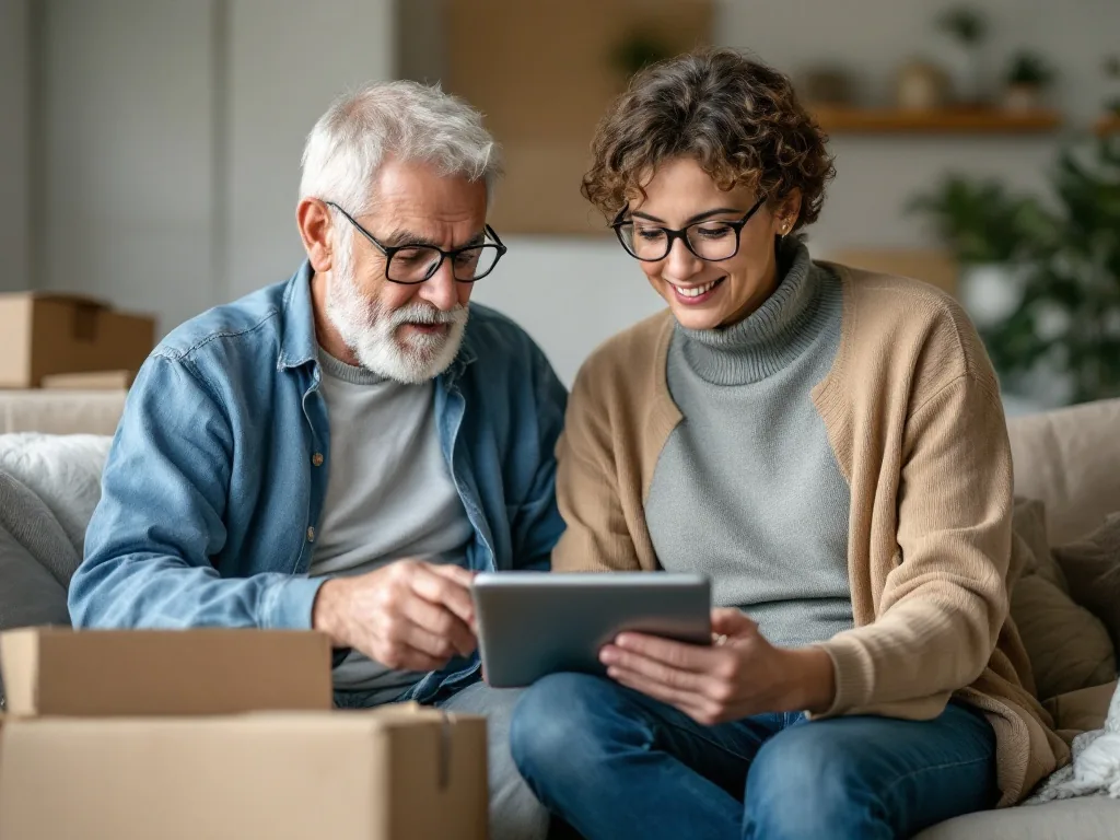 older parent and adult child checking moving boxes, apartment defect notes and government website on tablet