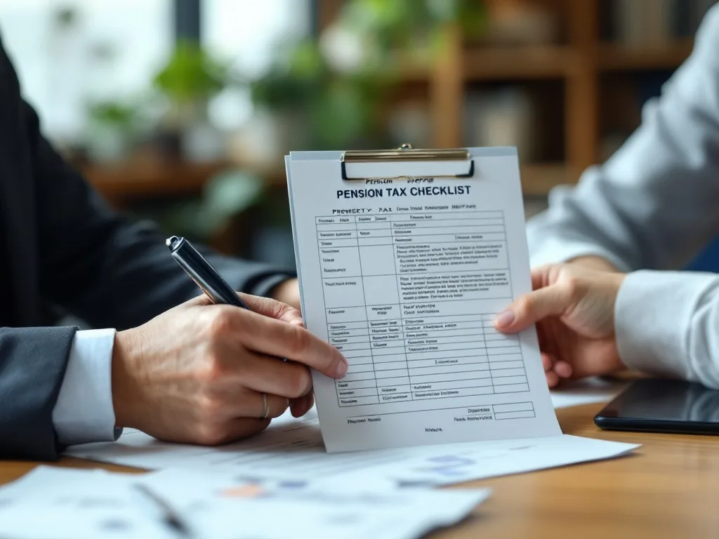 pension support checklist with property tax notice, income memo and phone consultation scene, Korean administrative desk, realistic photo, no readable text